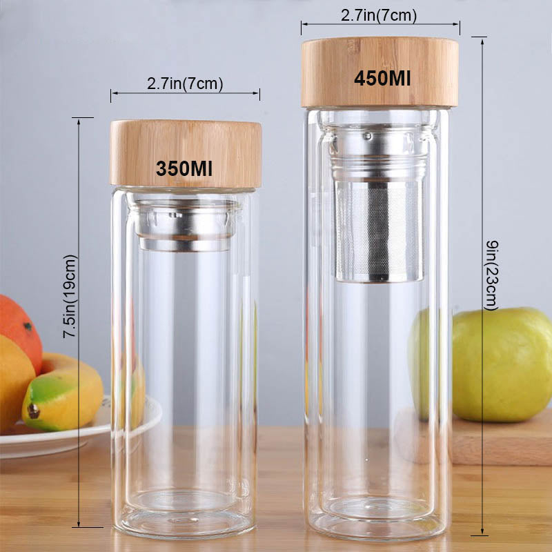 450Ml Glass Water Bottle Anti-scald Double Wall Tea Bottle With Infuser Filter Strainer