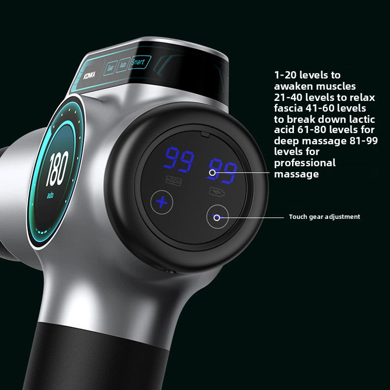 Massage gun being held in hand to show its compact, portable size