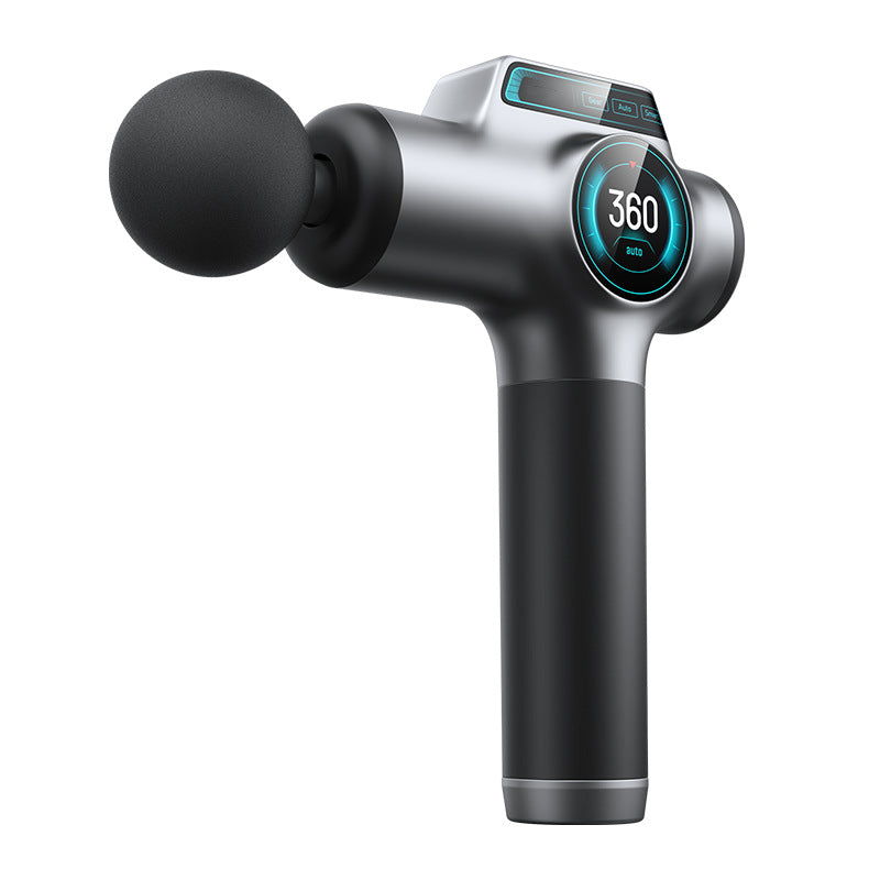 Massage gun with its USB charging cable and battery