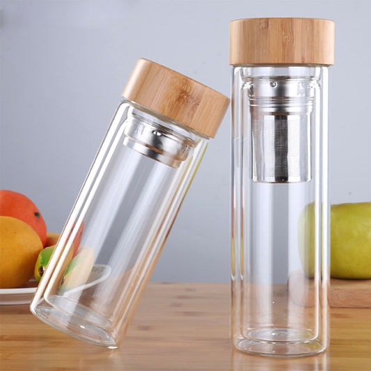 450Ml Glass Water Bottle Anti-scald Double Wall Tea Bottle With Infuser Filter Strainer