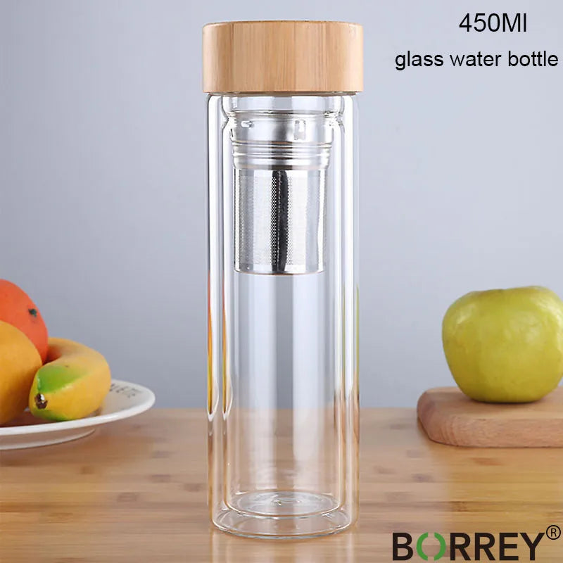 450Ml Glass Water Bottle Anti-scald Double Wall Tea Bottle With Infuser Filter Strainer