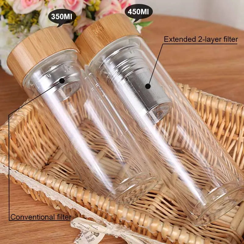 450Ml Glass Water Bottle Anti-scald Double Wall Tea Bottle With Infuser Filter Strainer