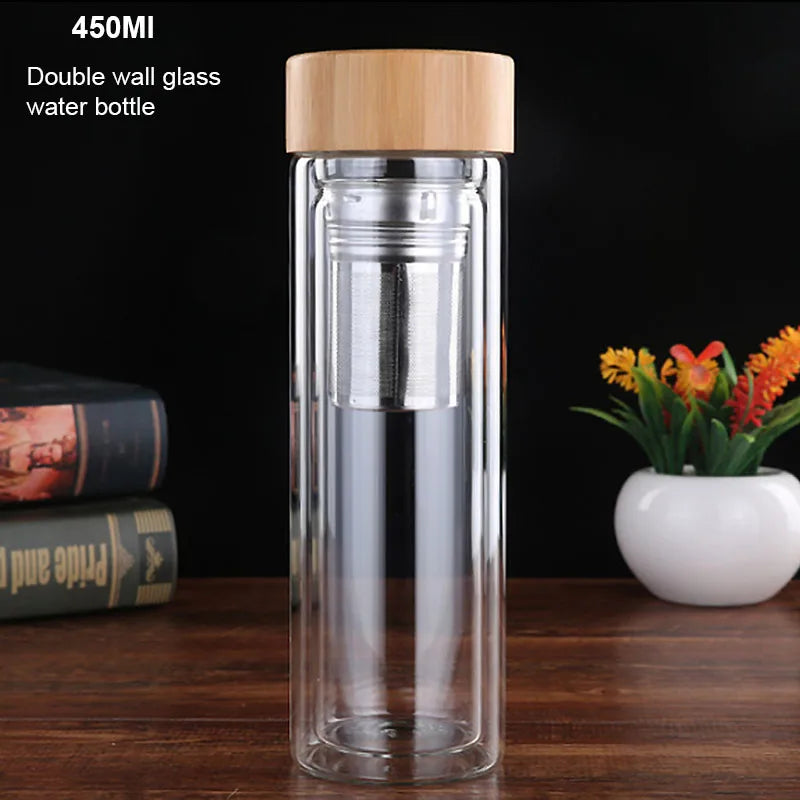 450Ml Glass Water Bottle Anti-scald Double Wall Tea Bottle With Infuser Filter Strainer