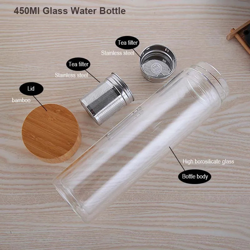 450Ml Glass Water Bottle Anti-scald Double Wall Tea Bottle With Infuser Filter Strainer