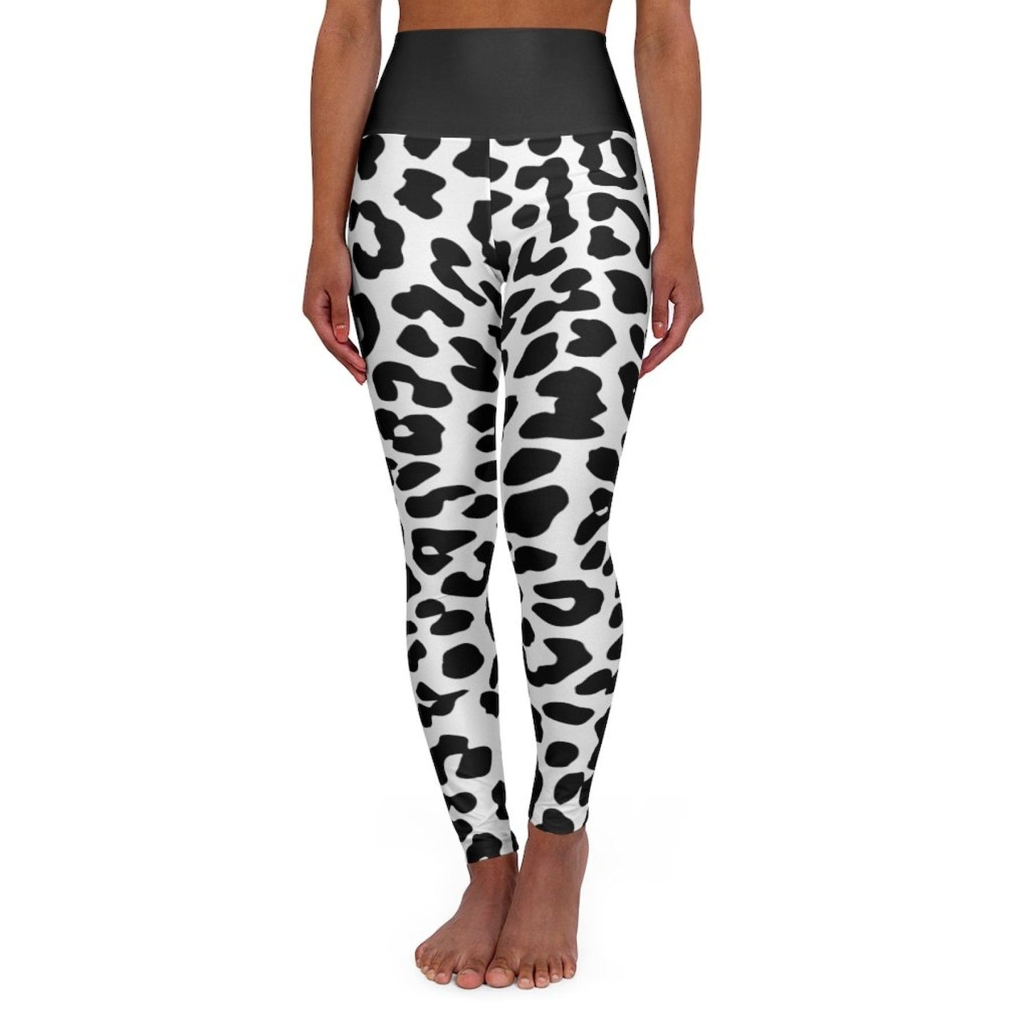 High Waisted Yoga Leggings, Black And White Two-tone Leopard Style