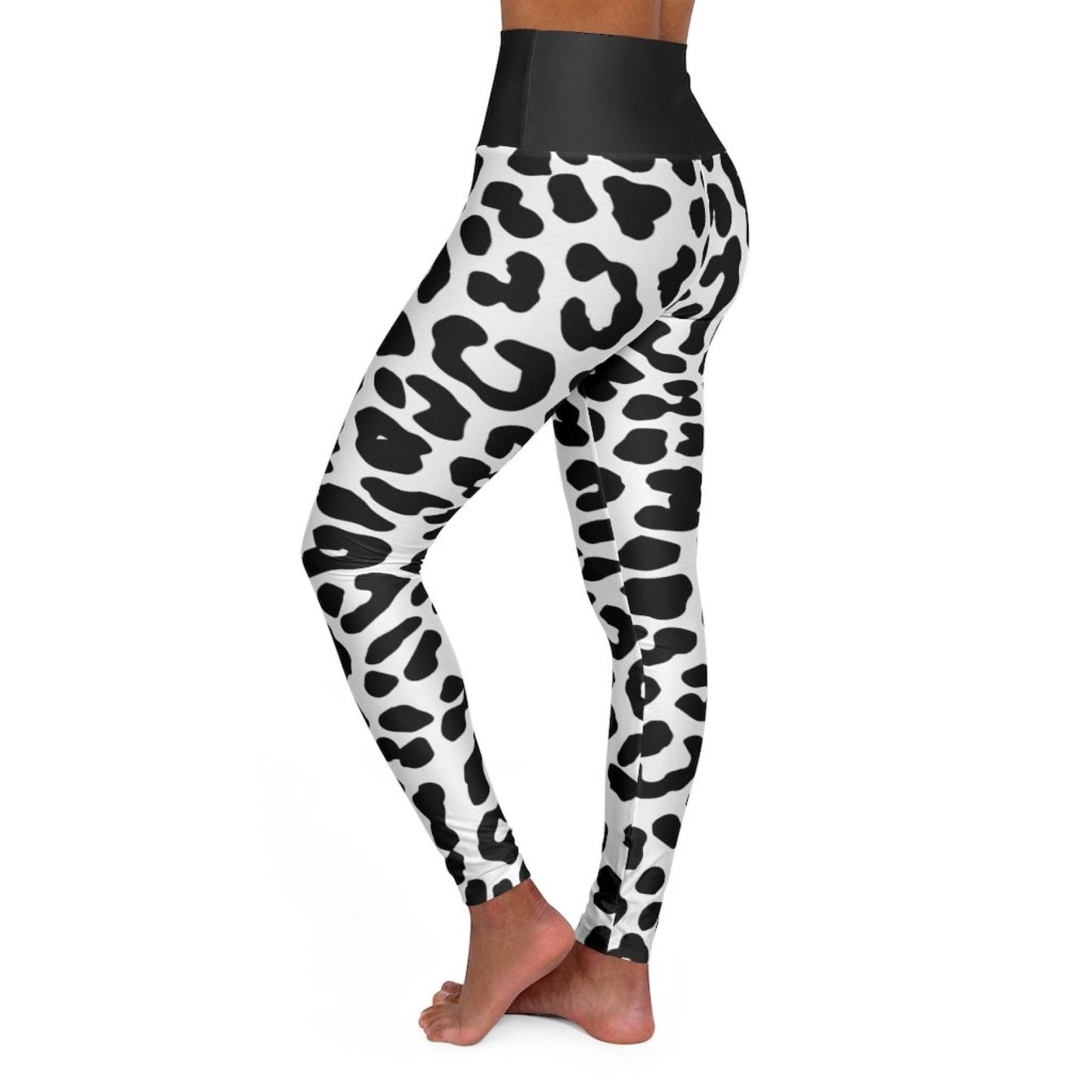 High Waisted Yoga Leggings, Black And White Two-tone Leopard Style