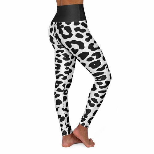 High Waisted Yoga Leggings, Black And White Two-tone Leopard Style