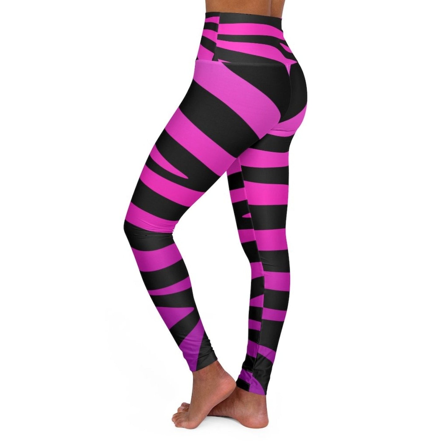 High Waisted Yoga Leggings, Purple And Black Stripes