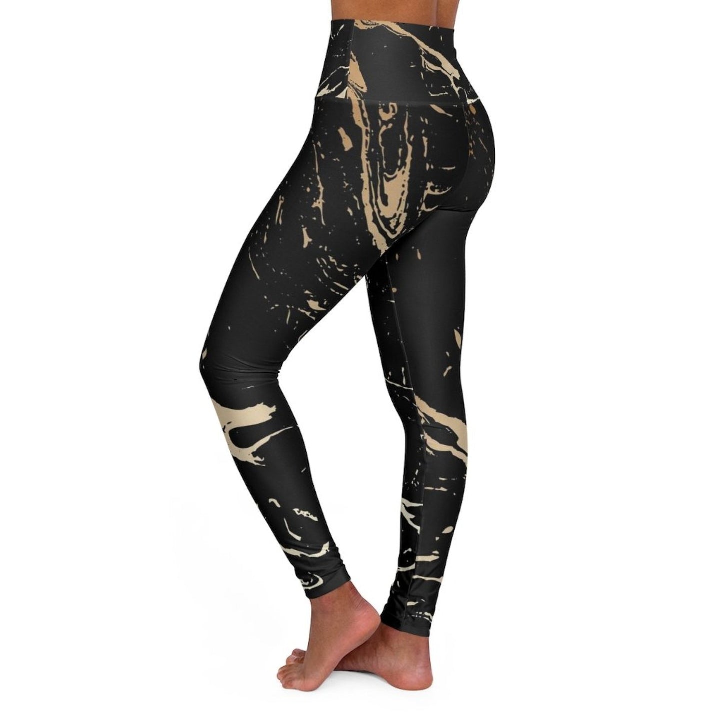 High Waisted Yoga Pants, Black And Gold Swirl Style Sports Pants